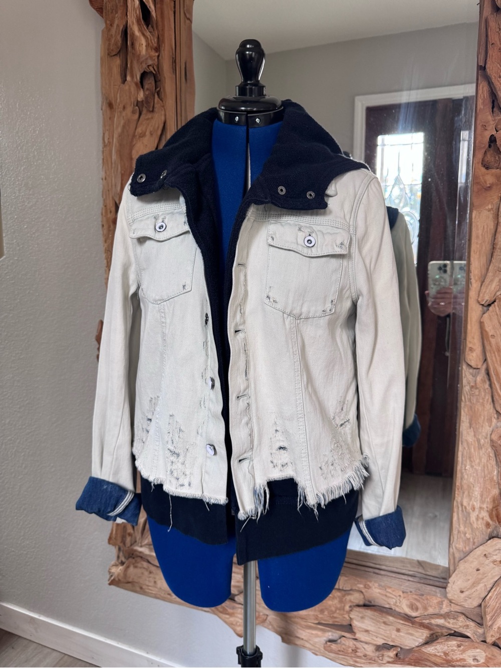 Free People Two-Tone Distressed Jean Jacket - Light Blue with Navy Trim